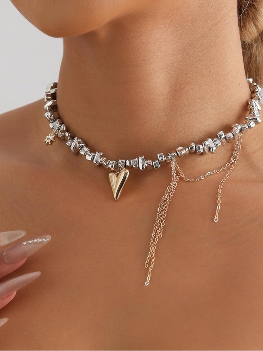 Vintage Heart Charm Beaded Choker Necklace - Silver & Gold